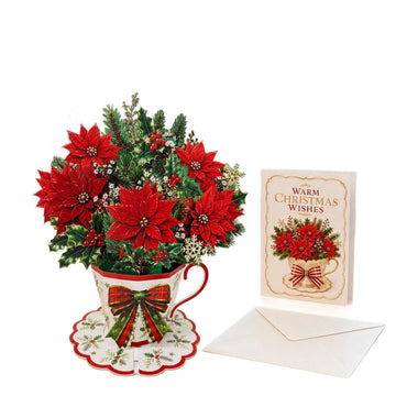 3D Pop Up Teacup Bouquet Greeting Card – Paper Cut Flower Centerpiece with Note Card & Pearlescent Envelope, Christmas/ Halloween/ General Holiday Table Decor