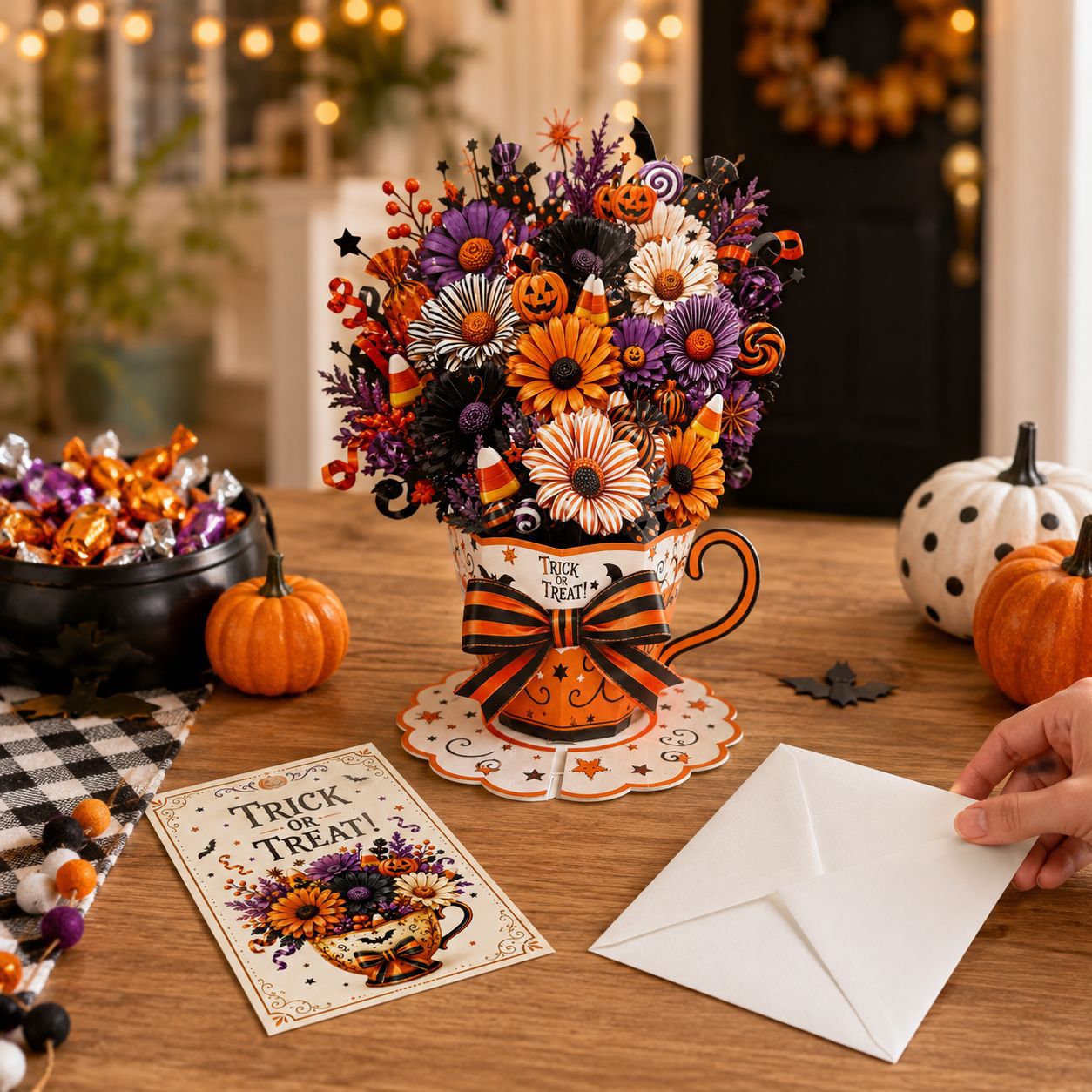 3D Pop Up Teacup Bouquet Greeting Card – Paper Cut Flower Centerpiece with Note Card & Pearlescent Envelope, Christmas/ Halloween/ General Holiday Table Decor