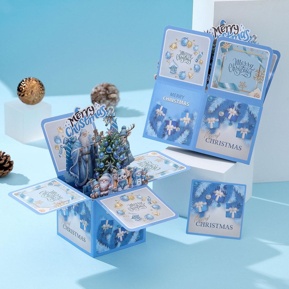 3D Pop Up Blue Christmas Card Box – Handmade Holiday Greeting Card with Santa, Reindeer, Puppy & Snowman, Festive Tabletop Decoration with Note Card & Envelope