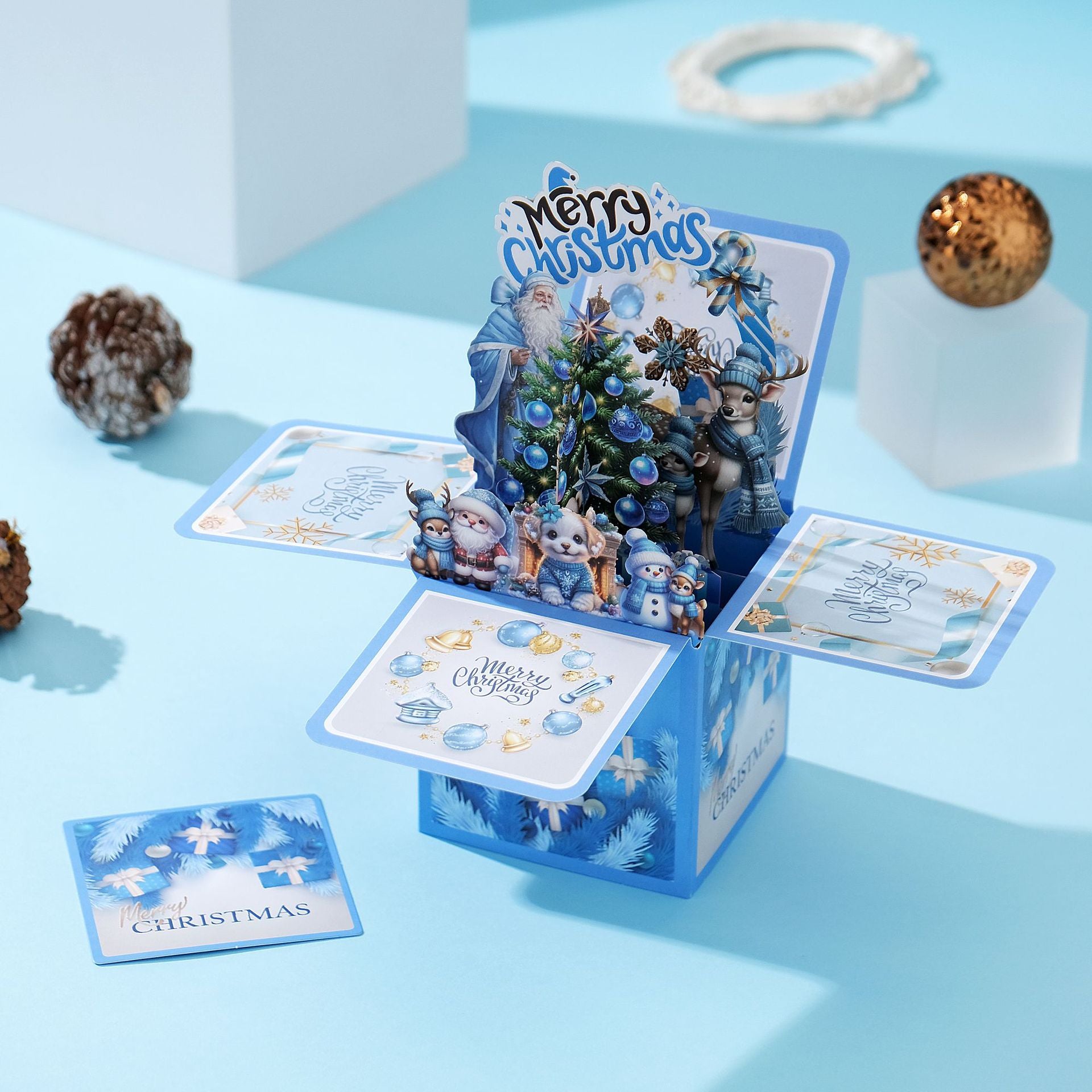 3D Pop Up Blue Christmas Card Box – Handmade Holiday Greeting Card with Santa, Reindeer, Puppy & Snowman, Festive Tabletop Decoration with Note Card & Envelope