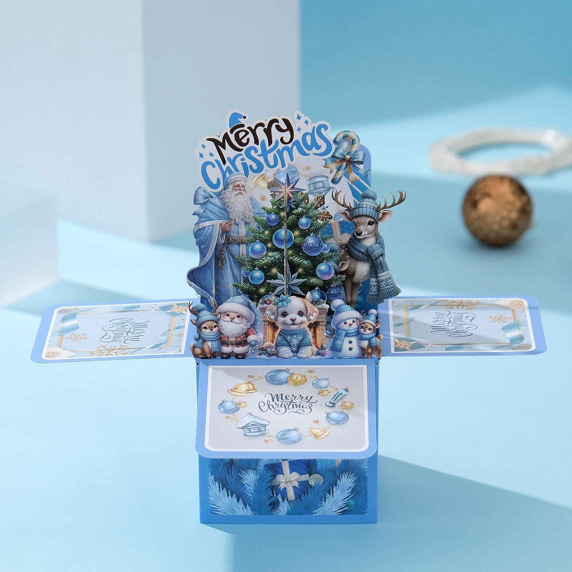 3D Pop Up Blue Christmas Card Box – Handmade Holiday Greeting Card with Santa, Reindeer, Puppy & Snowman, Festive Tabletop Decoration with Note Card & Envelope