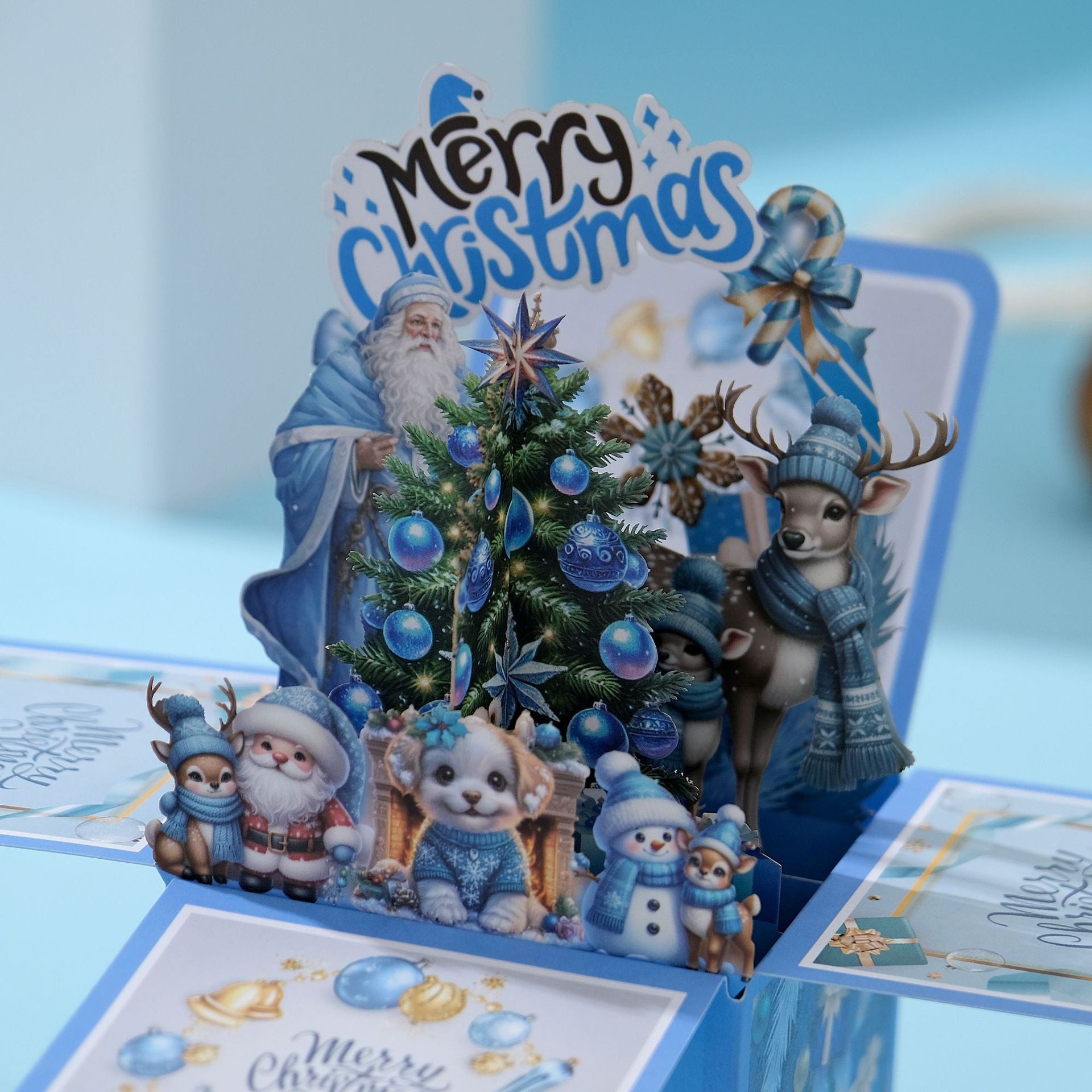 3D Pop Up Blue Christmas Card Box – Handmade Holiday Greeting Card with Santa, Reindeer, Puppy & Snowman, Festive Tabletop Decoration with Note Card & Envelope