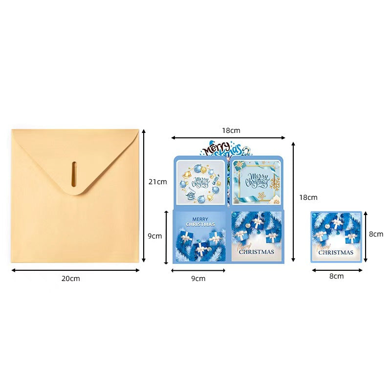 3D Pop Up Blue Christmas Card Box – Handmade Holiday Greeting Card with Santa, Reindeer, Puppy & Snowman, Festive Tabletop Decoration with Note Card & Envelope