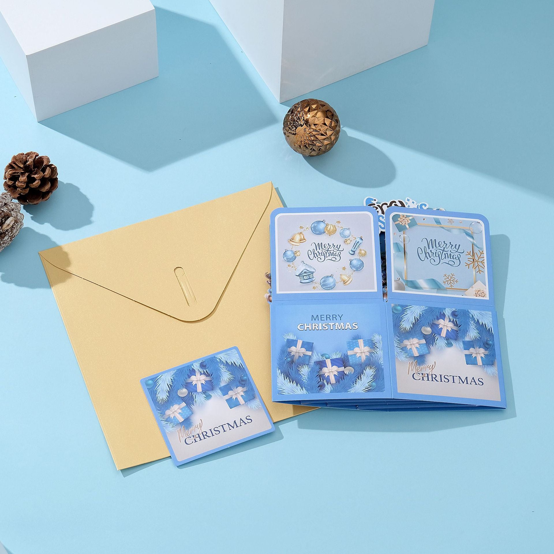 3D Pop Up Blue Christmas Card Box – Handmade Holiday Greeting Card with Santa, Reindeer, Puppy & Snowman, Festive Tabletop Decoration with Note Card & Envelope