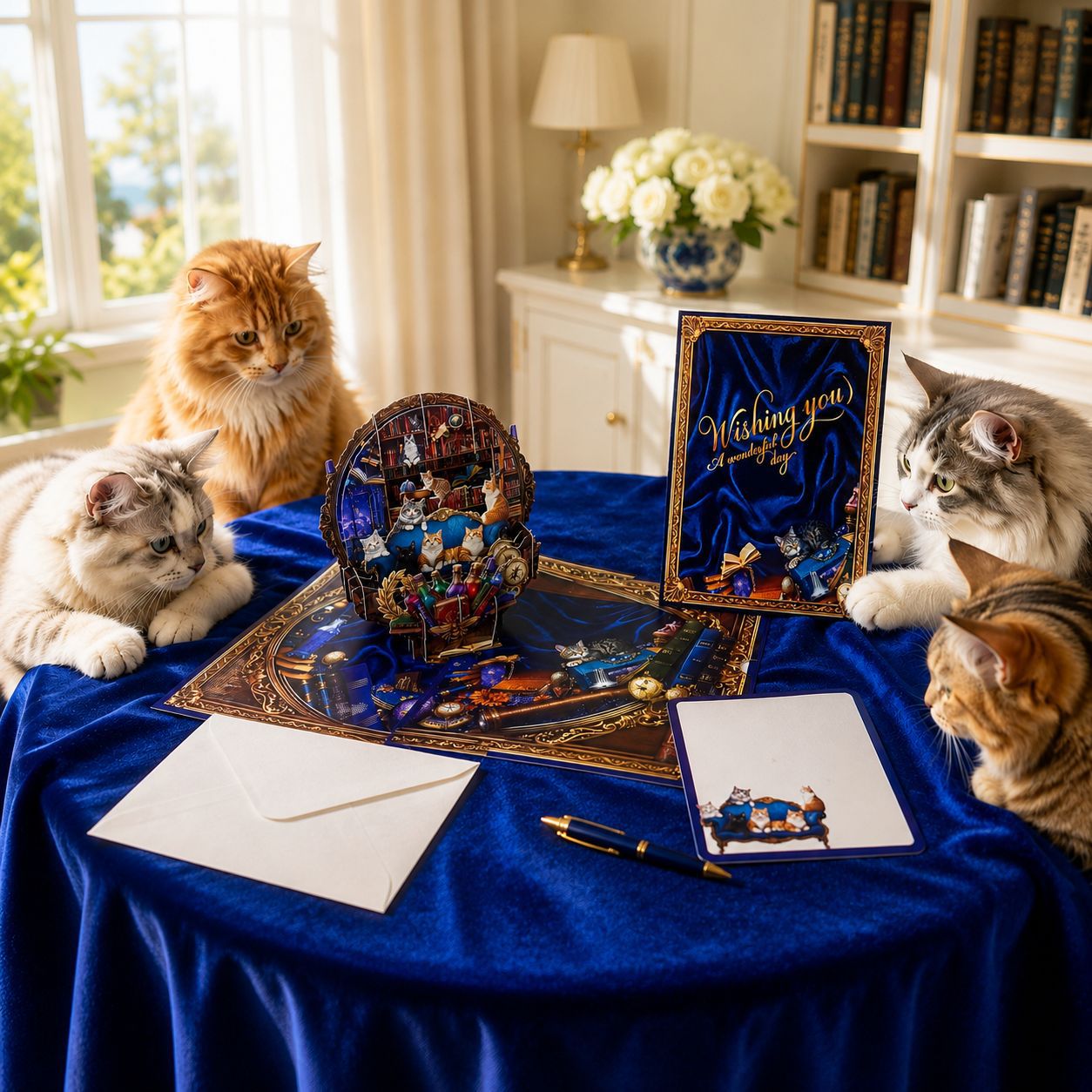 3D Pop-up Greeting Card: Cats' Party with Bookshelf Background Design with Note Card, Envelope; Gifts for Catparents/ Cat Lovers