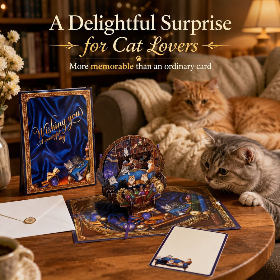 3D Pop-up Greeting Card: Cats' Party with Bookshelf Background Design with Note Card, Envelope; Gifts for Catparents/ Cat Lovers