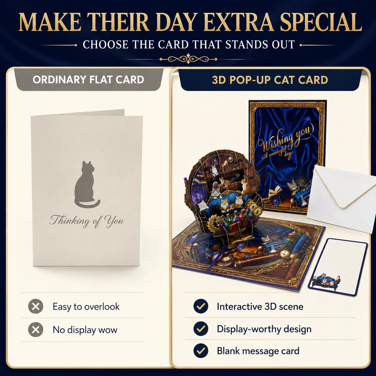 3D Pop-up Greeting Card: Cats' Party with Bookshelf Background Design with Note Card, Envelope; Gifts for Catparents/ Cat Lovers