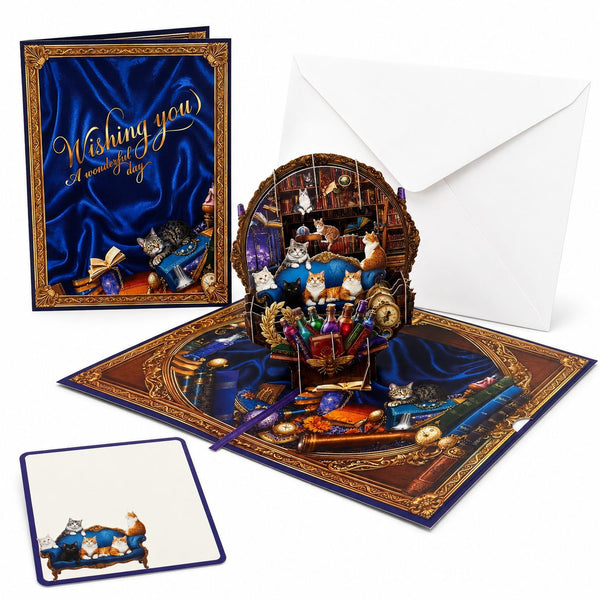 3D Pop-up Greeting Card: Cats' Party with Bookshelf Background Design with Note Card, Envelope; Gifts for Catparents/ Cat Lovers