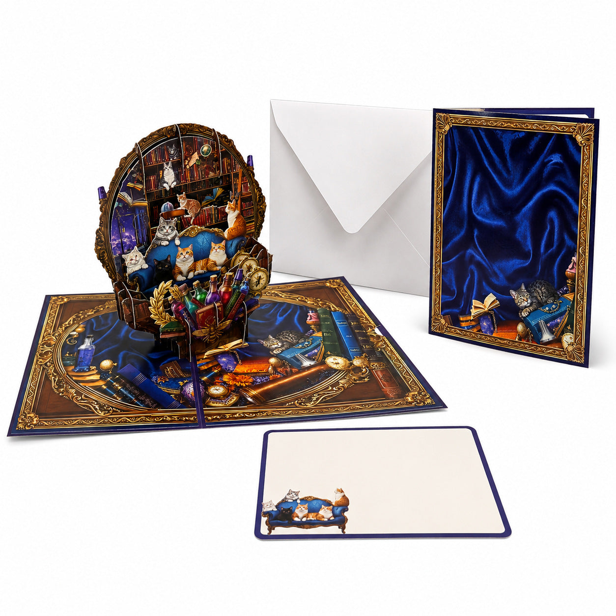 3D Pop-up Greeting Card: Cats' Party with Bookshelf Background Design with Note Card, Envelope; Gifts for Catparents/ Cat Lovers