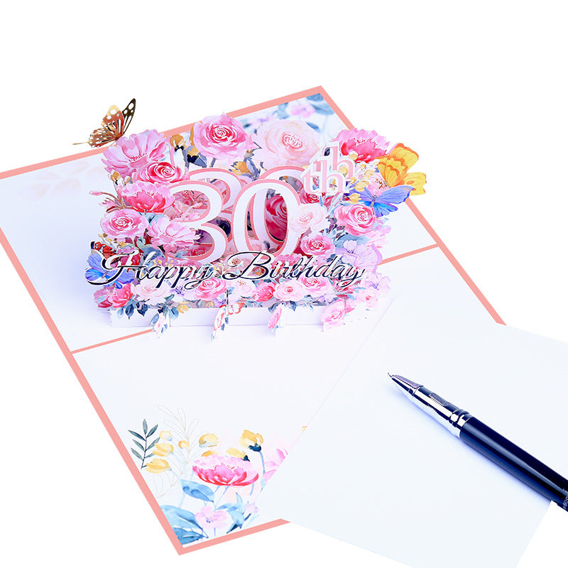 Pink Floral 3D Pop Up Birthday Card with Age Numbers & Butterflies | Scented Greeting Card with Note Card & Envelope