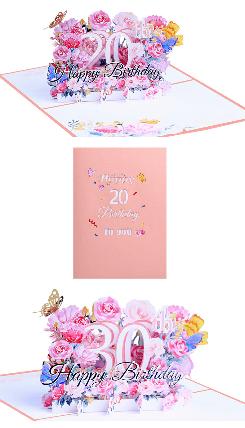 Pink Floral 3D Pop Up Birthday Card with Age Numbers & Butterflies | Scented Greeting Card with Note Card & Envelope