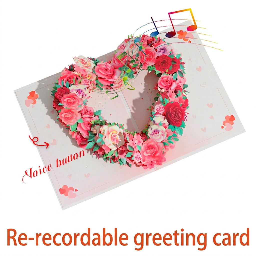3D Pop-Up Floral Heart Greeting Card with Recordable Voice Option – Expressive Floral Bouquet Card for Mother’s Day, Birthday, Anniversary & Valentine’s Day (Includes Envelope & Note Card)