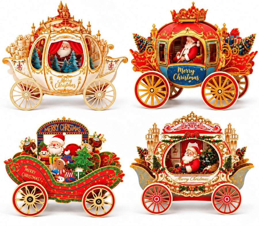 3D Pop-up Foil-Stamped Santa Sleigh Greeting Card – Festive Ornament & Creative Christmas Gift