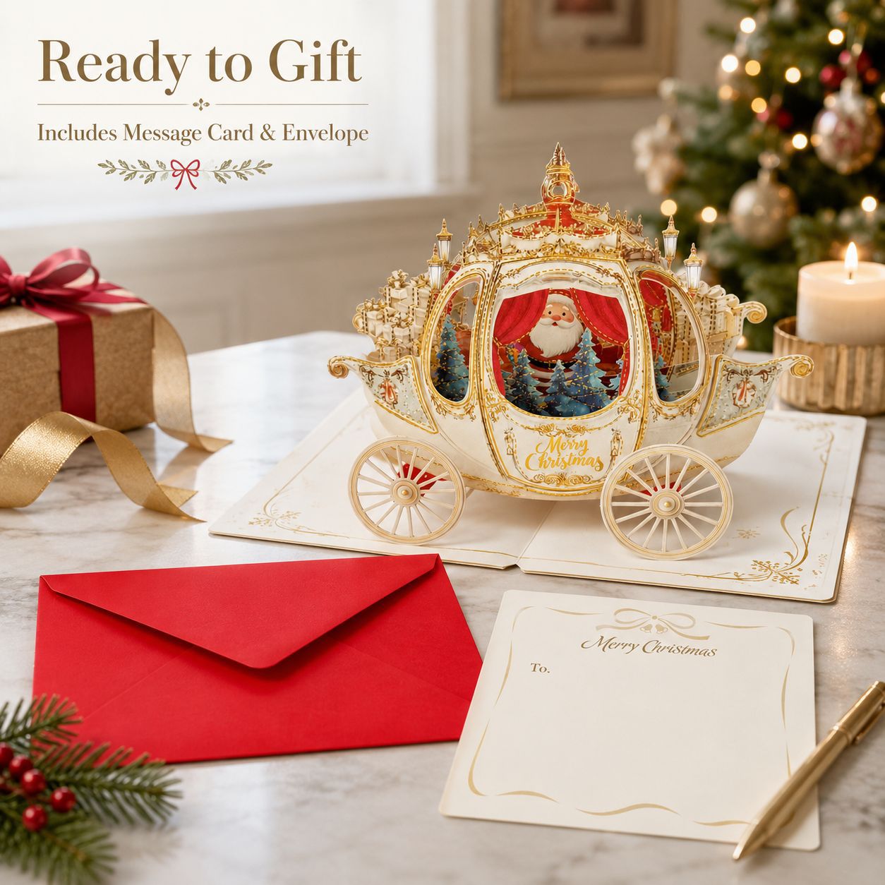 3D Pop-up Foil-Stamped Santa Sleigh Greeting Card – Festive Ornament & Creative Christmas Gift