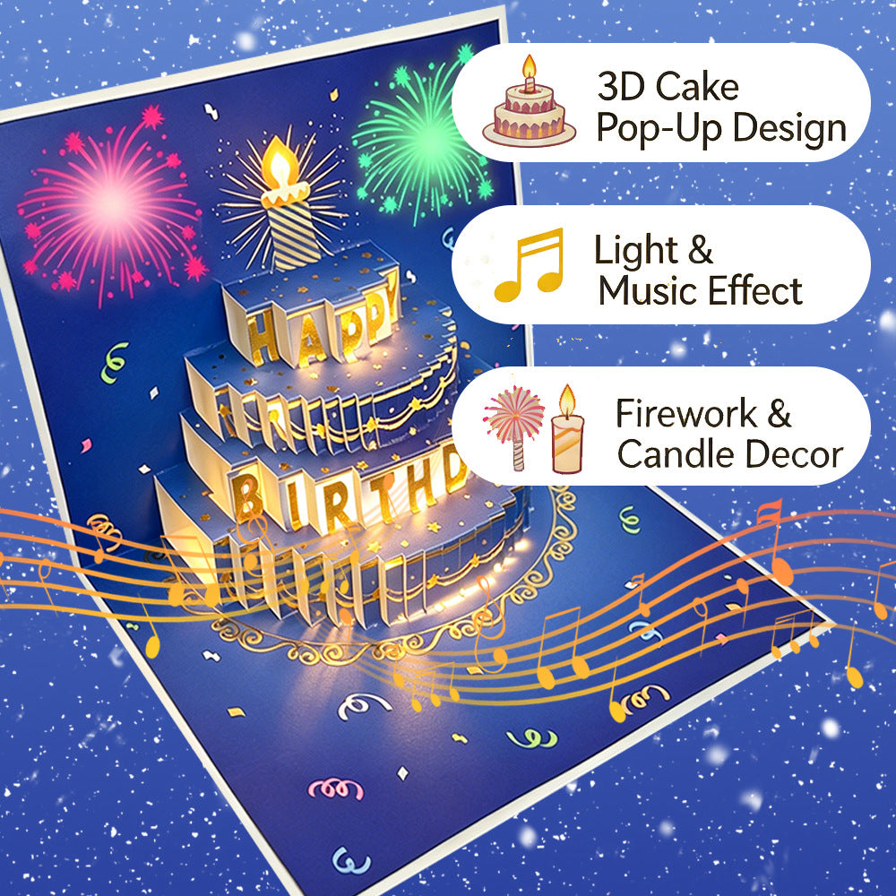 3D Pop-Up Musical Birthday Card with Colorful Lights – Birthday Cake Greeting Card with Blank Note Card & Envelope