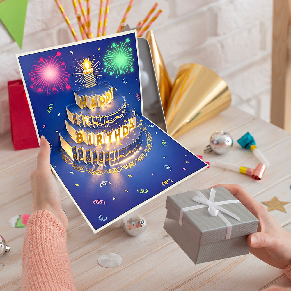 3D Pop-Up Musical Birthday Card with Colorful Lights – Birthday Cake Greeting Card with Blank Note Card & Envelope