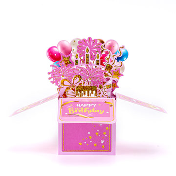 Thksyo Pink Stamping Happy Birthday Pop Up Card, 3D Birthday Gift Box for Adults and Kids with Envelopes, Unique Handmade Foldable Celebration Cards for Daughter, Son, Mom, Dad, Friend