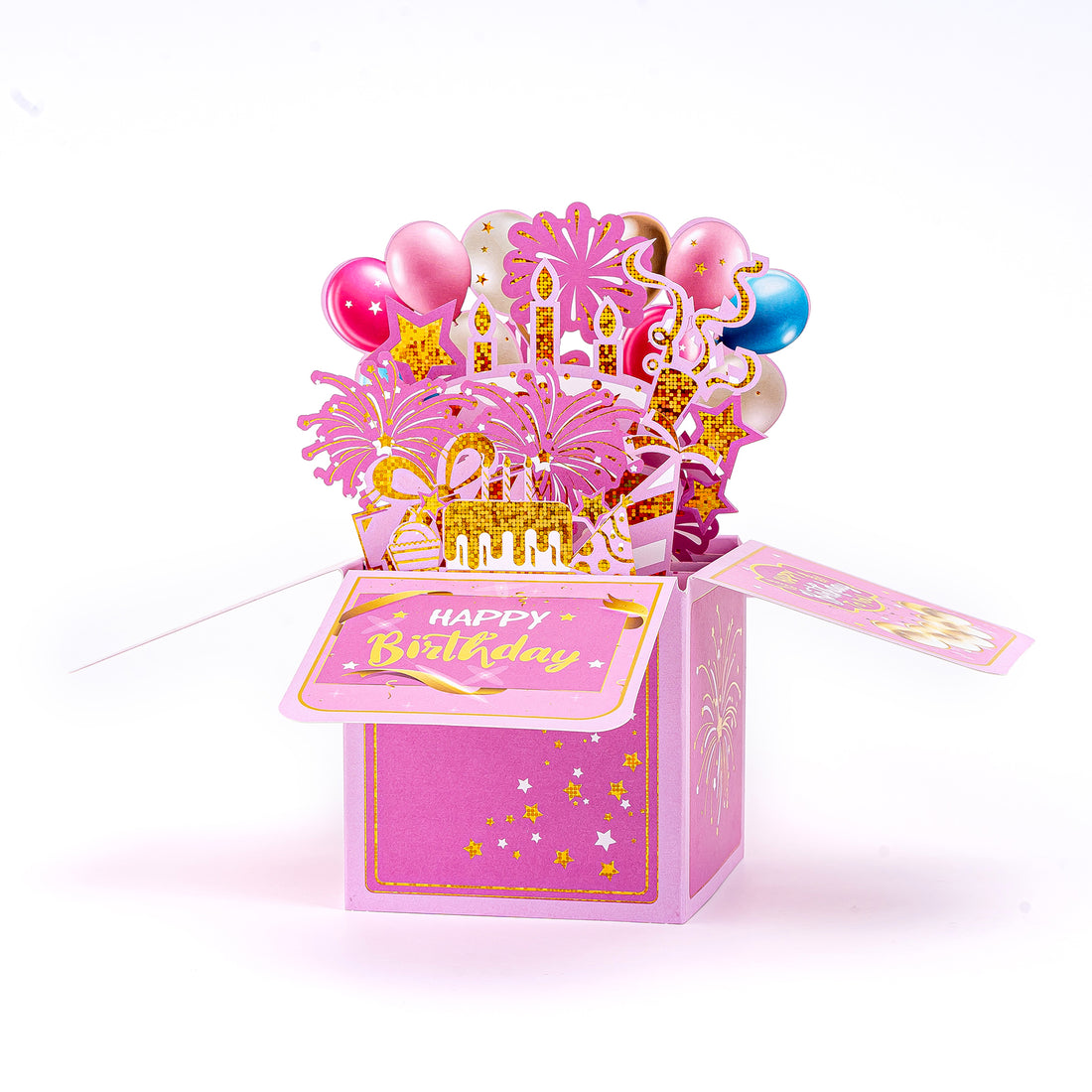 Thksyo Pink Stamping Happy Birthday Pop Up Card, 3D Birthday Gift Box for Adults and Kids with Envelopes, Unique Handmade Foldable Celebration Cards for Daughter, Son, Mom, Dad, Friend
