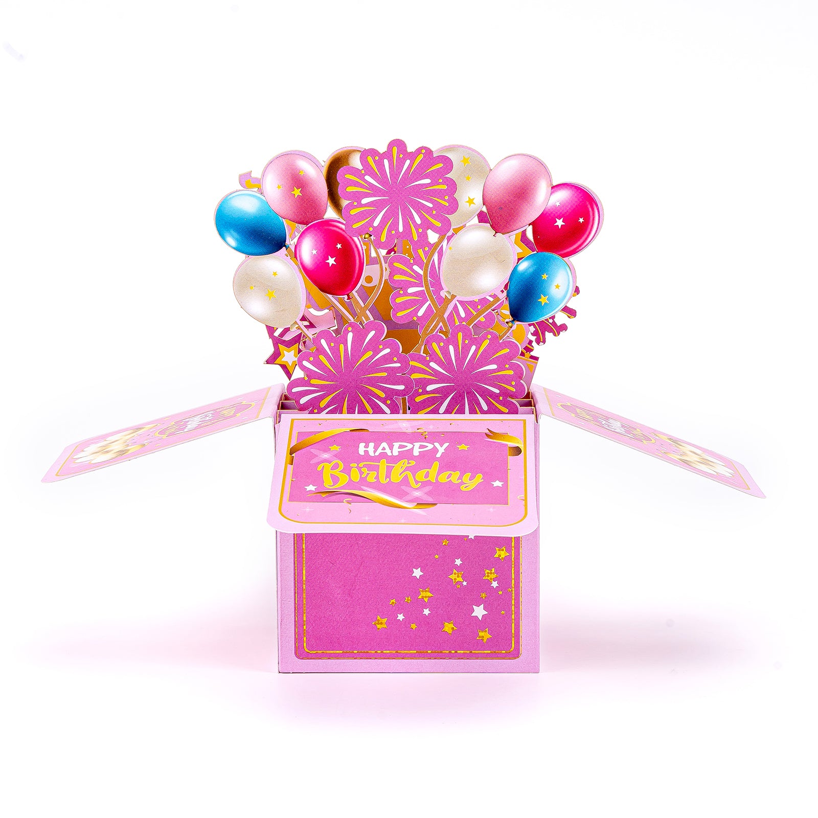 Thksyo Pink Stamping Happy Birthday Pop Up Card, 3D Birthday Gift Box for Adults and Kids with Envelopes, Unique Handmade Foldable Celebration Cards for Daughter, Son, Mom, Dad, Friend