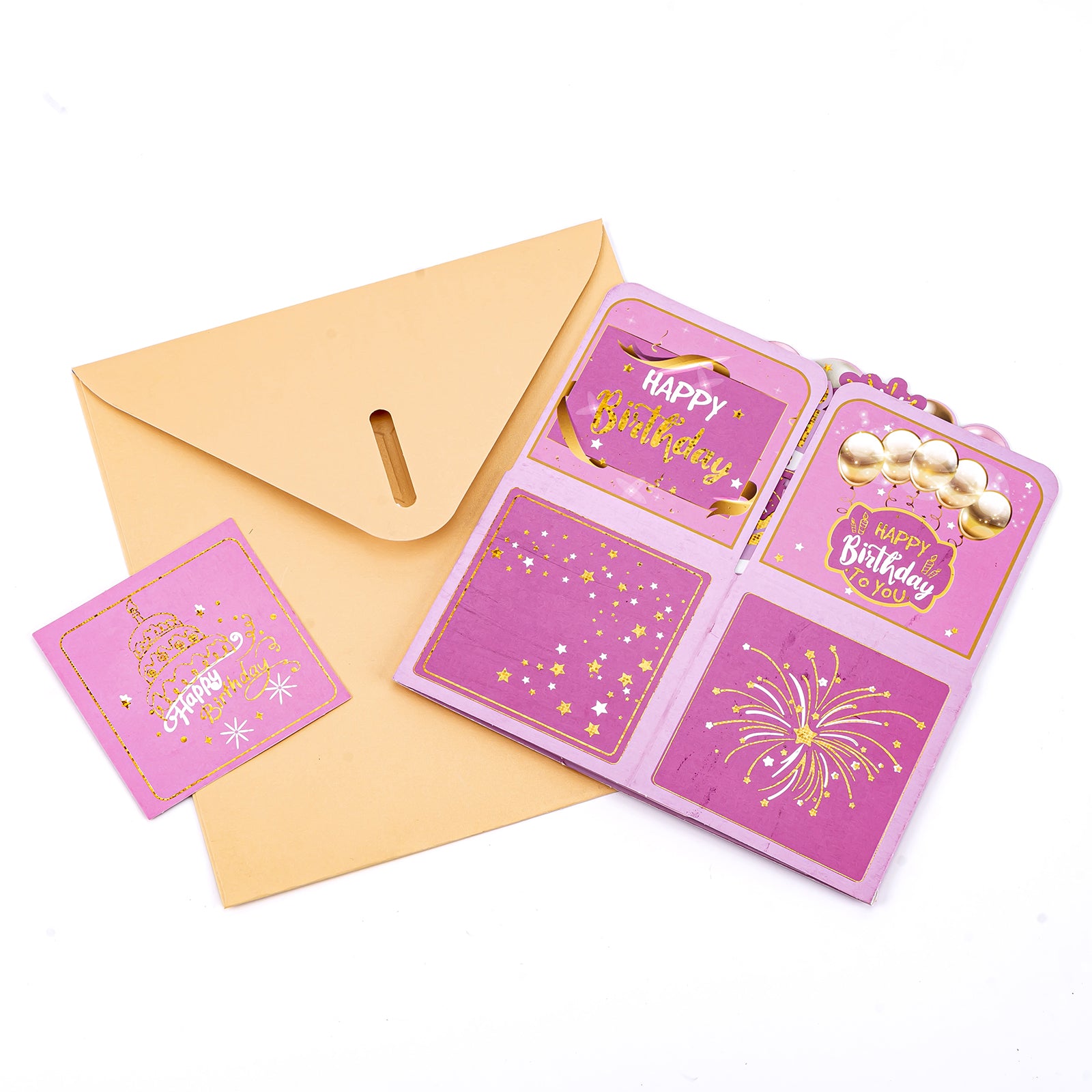 Thksyo Pink Stamping Happy Birthday Pop Up Card, 3D Birthday Gift Box for Adults and Kids with Envelopes, Unique Handmade Foldable Celebration Cards for Daughter, Son, Mom, Dad, Friend