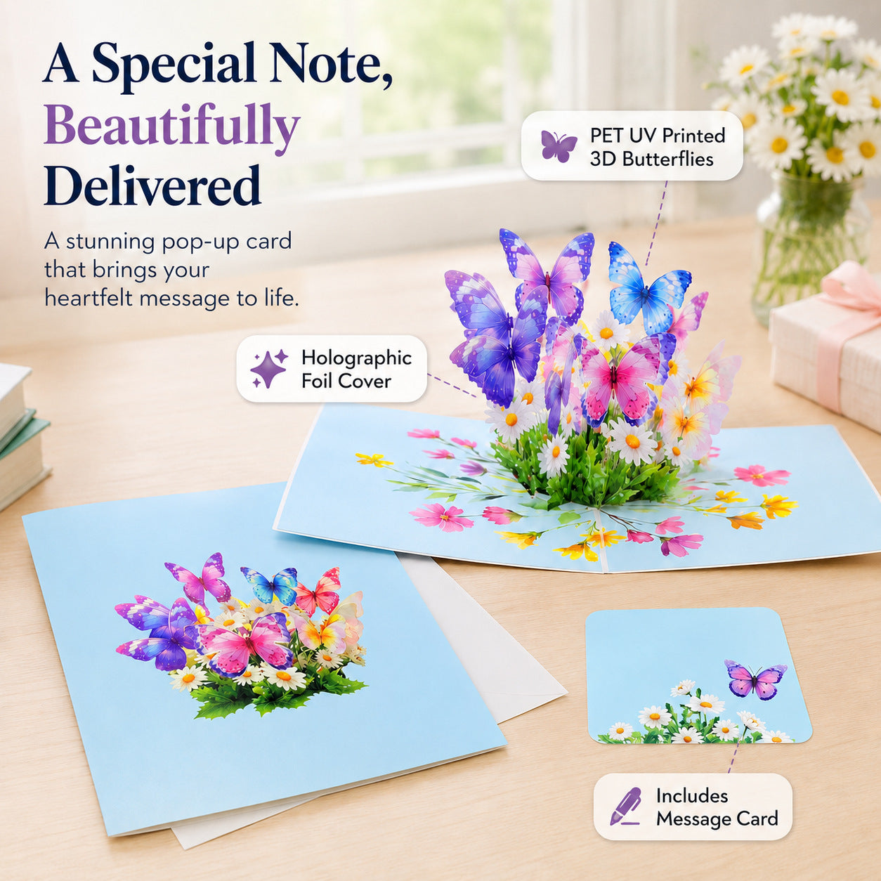 3D Pop Up PET UV Printed Butterflies Happy Birthday Cards, 3D Popup Happy Birthday Greeting Card