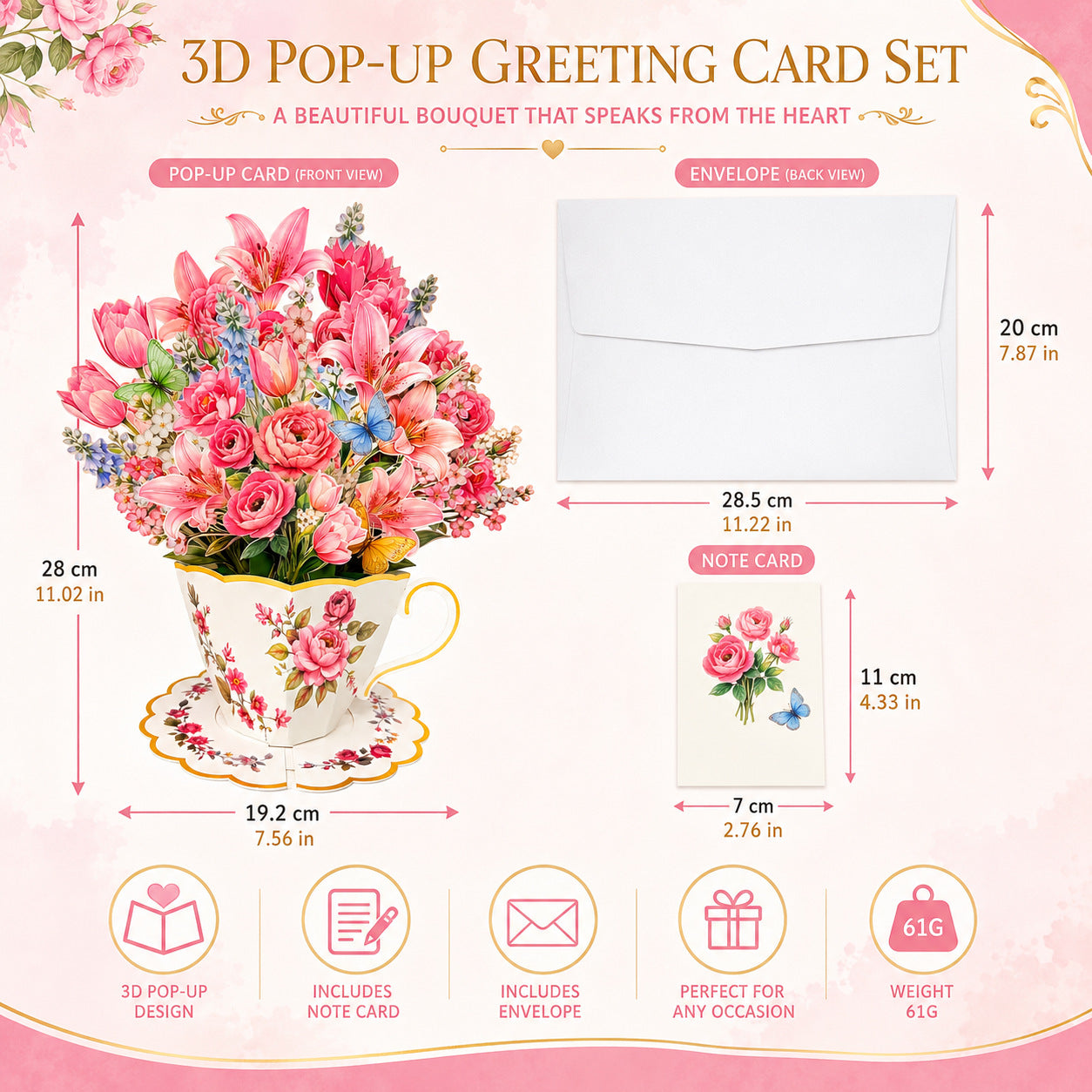 3D Pop Up Tea Cup Flower Birthday Cards, Happy Birthday Greeting Cards