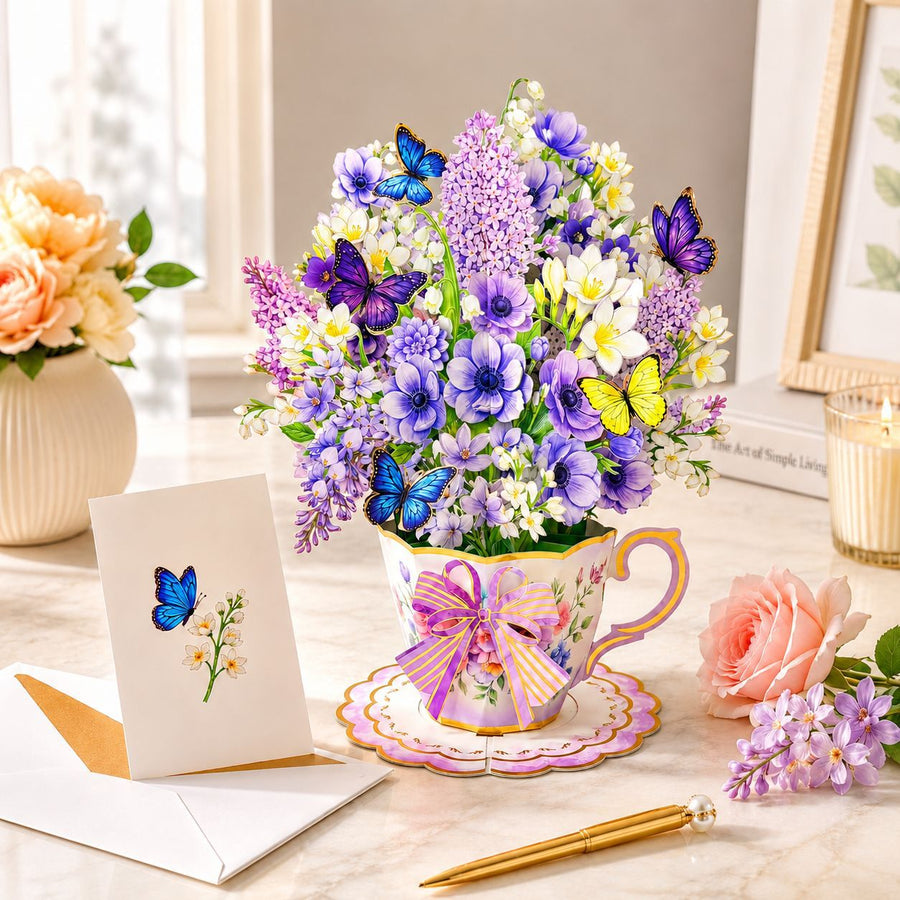 3D Pop Up Teacup Flower Greeting Card with Envelope & Note Card
