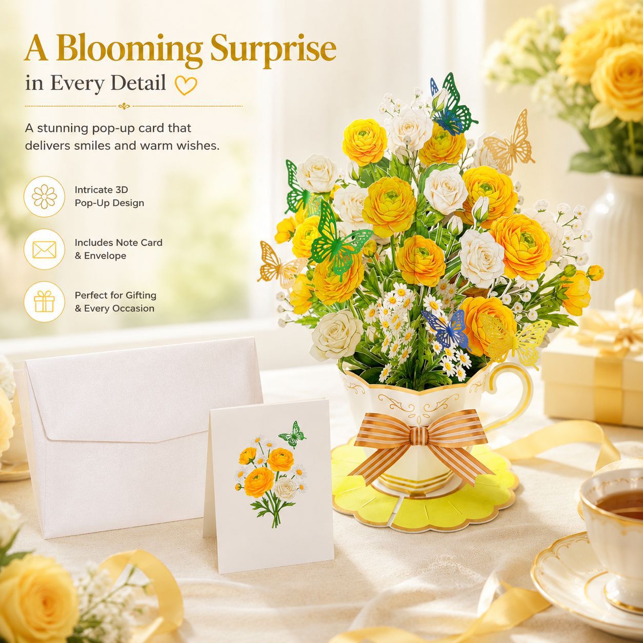 3D Pop Up Tea Cup Flower Birthday Cards, Happy Birthday Greeting Cards