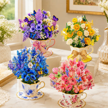3D Pop Up Teacup Flower Greeting Card with Envelope & Note Card