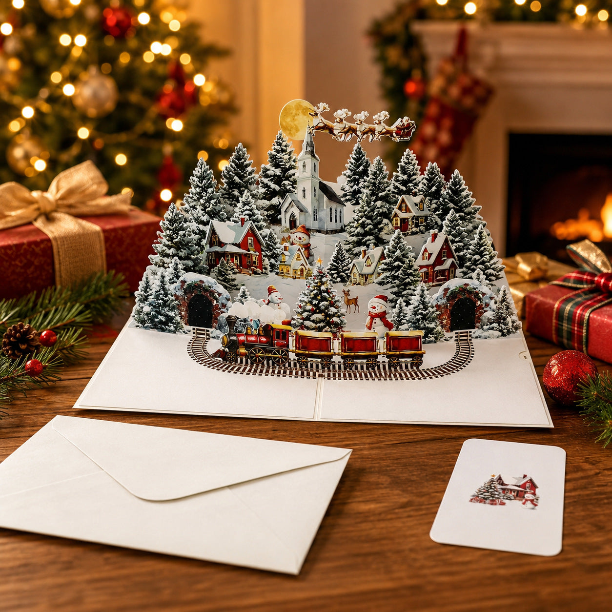 3D Pop-Up Christmas Card Box: Winter Village Snowy Mountain Landscape and Igloo