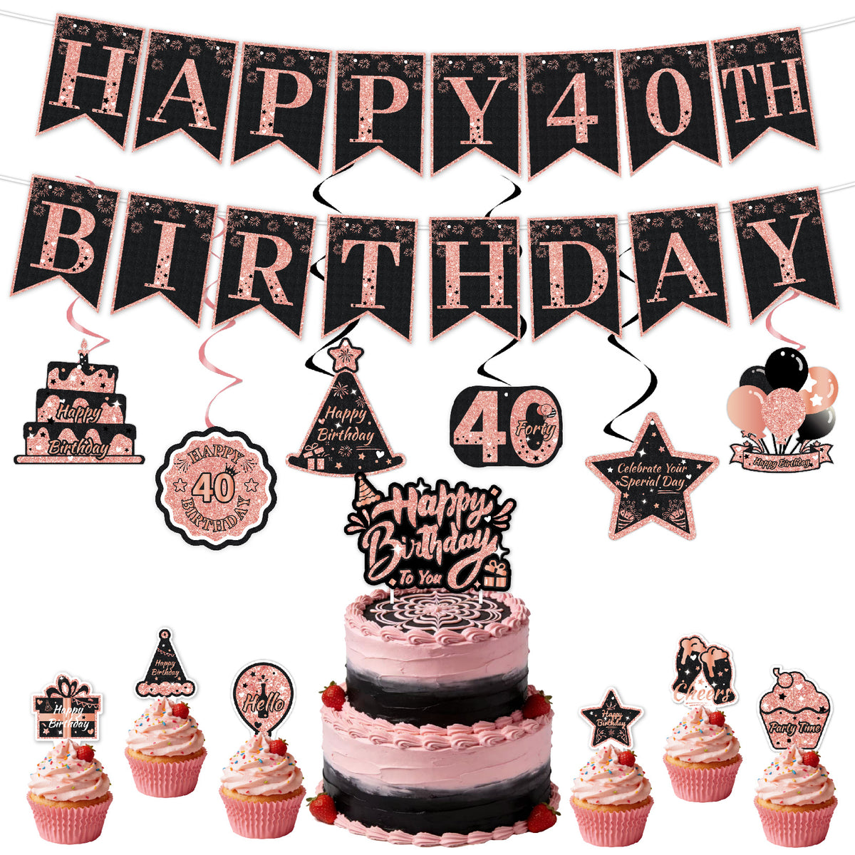Black & Pink Happy Birthday Decorations Set for Girls/ Women/ Men, 18th-80th Birthday Banner, Cake Topper, Cupcake Toppers & Hanging Swirls, 29PCS Birthday Party Supplies