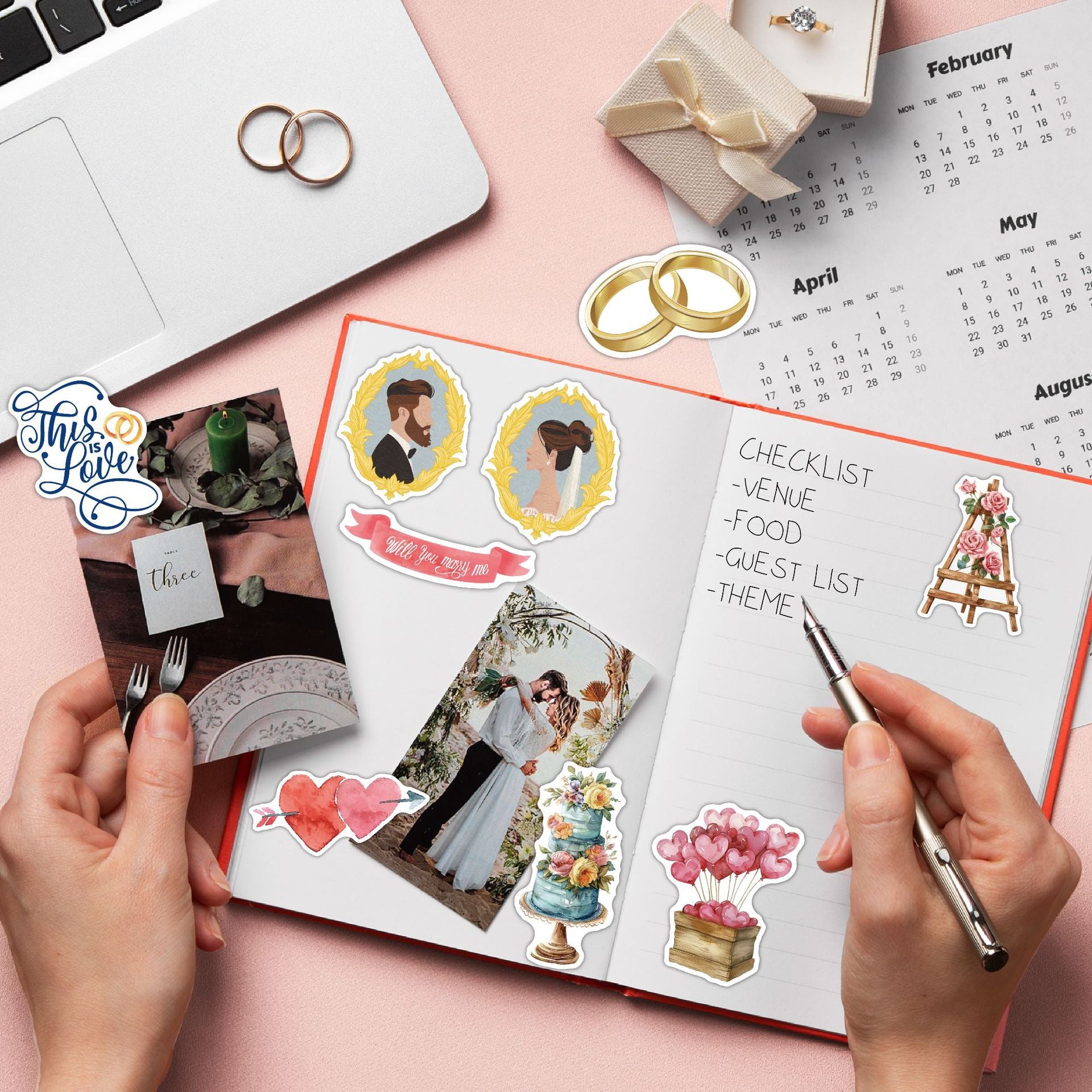 50-Piece/Set Watercolor-Style Wedding Stickers Kit, Gloss-Laminated Waterproof DIY Stickers for Wedding Celebrations and Parties