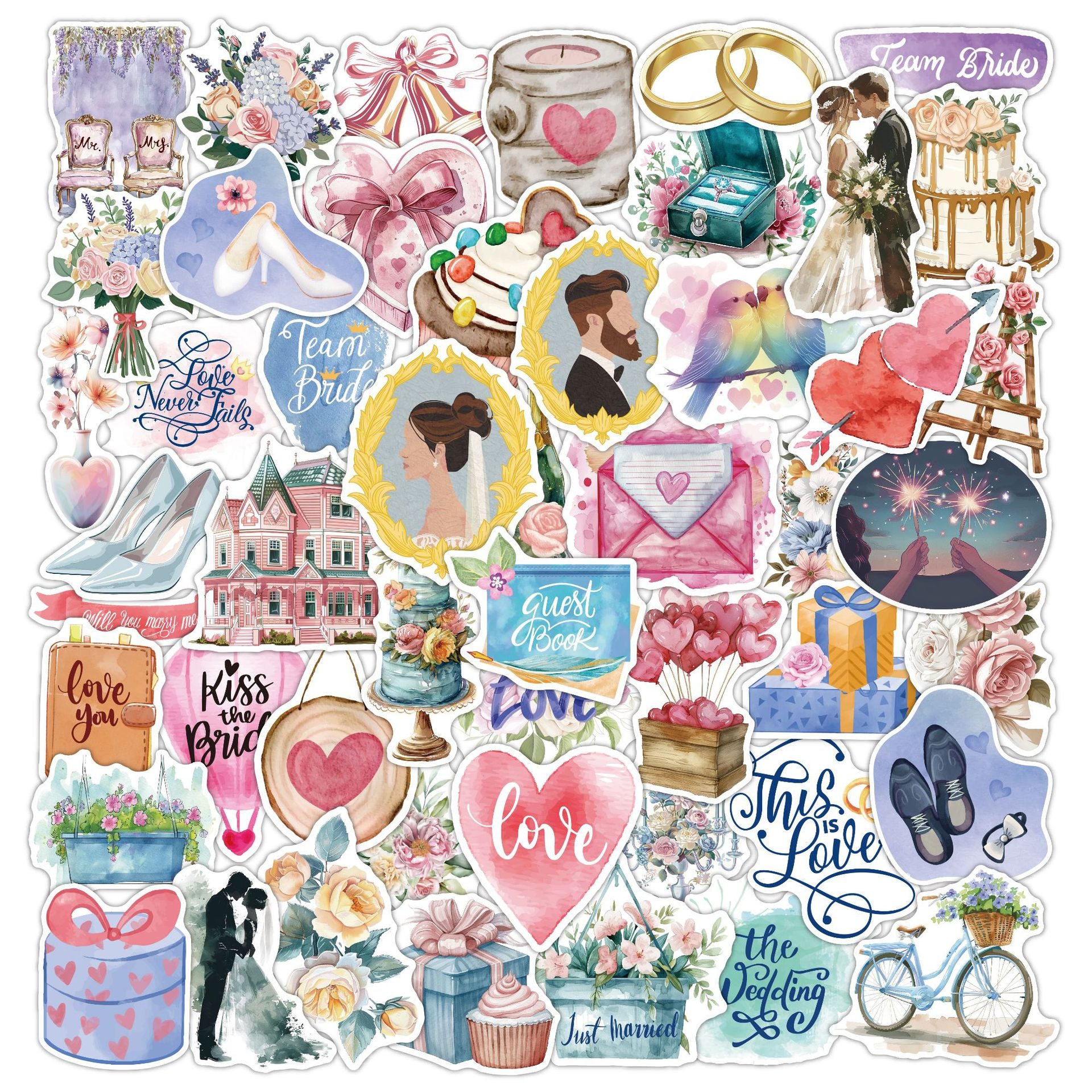 50-Piece/Set Watercolor-Style Wedding Stickers Kit, Gloss-Laminated Waterproof DIY Stickers for Wedding Celebrations and Parties