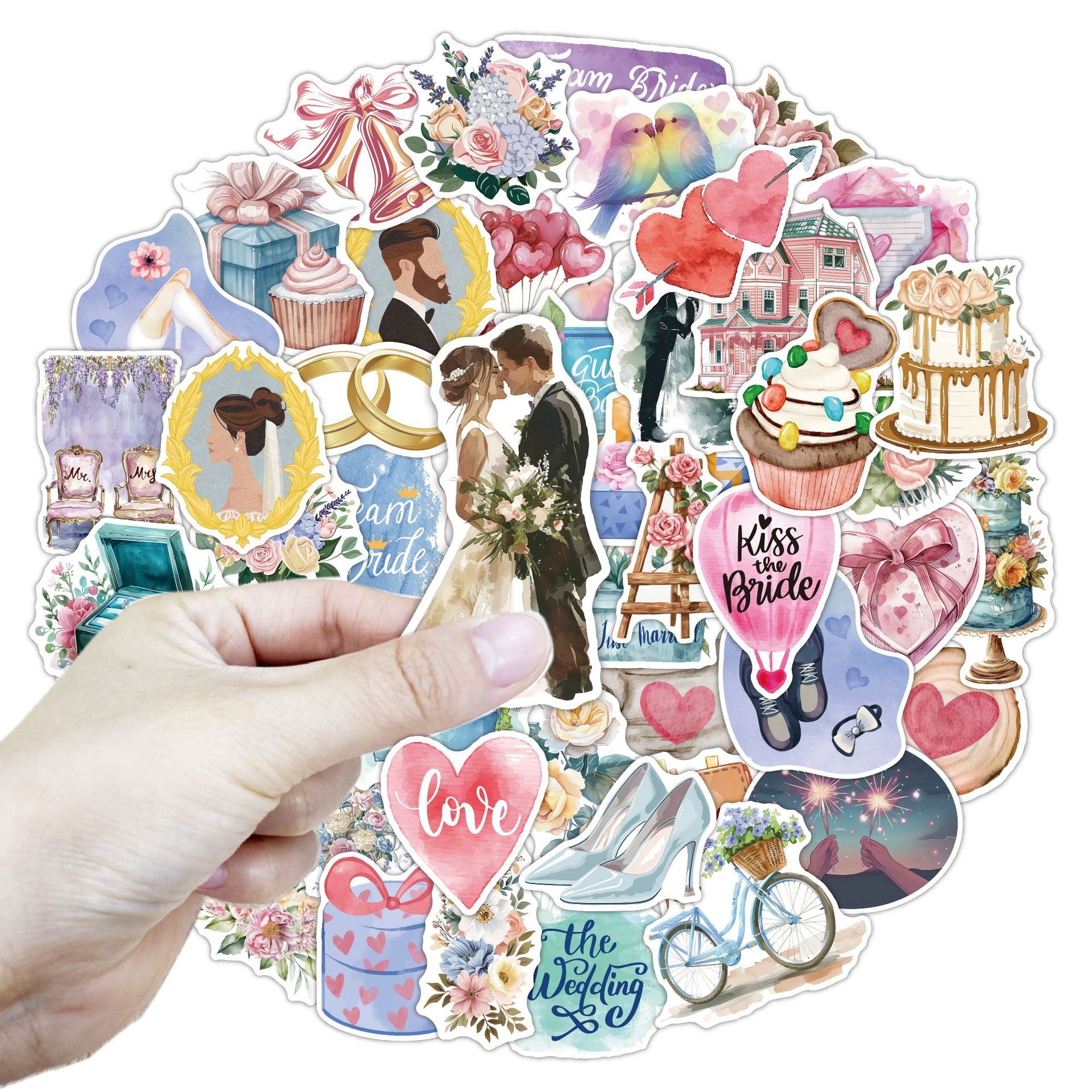 50-Piece/Set Watercolor-Style Wedding Stickers Kit, Gloss-Laminated Waterproof DIY Stickers for Wedding Celebrations and Parties