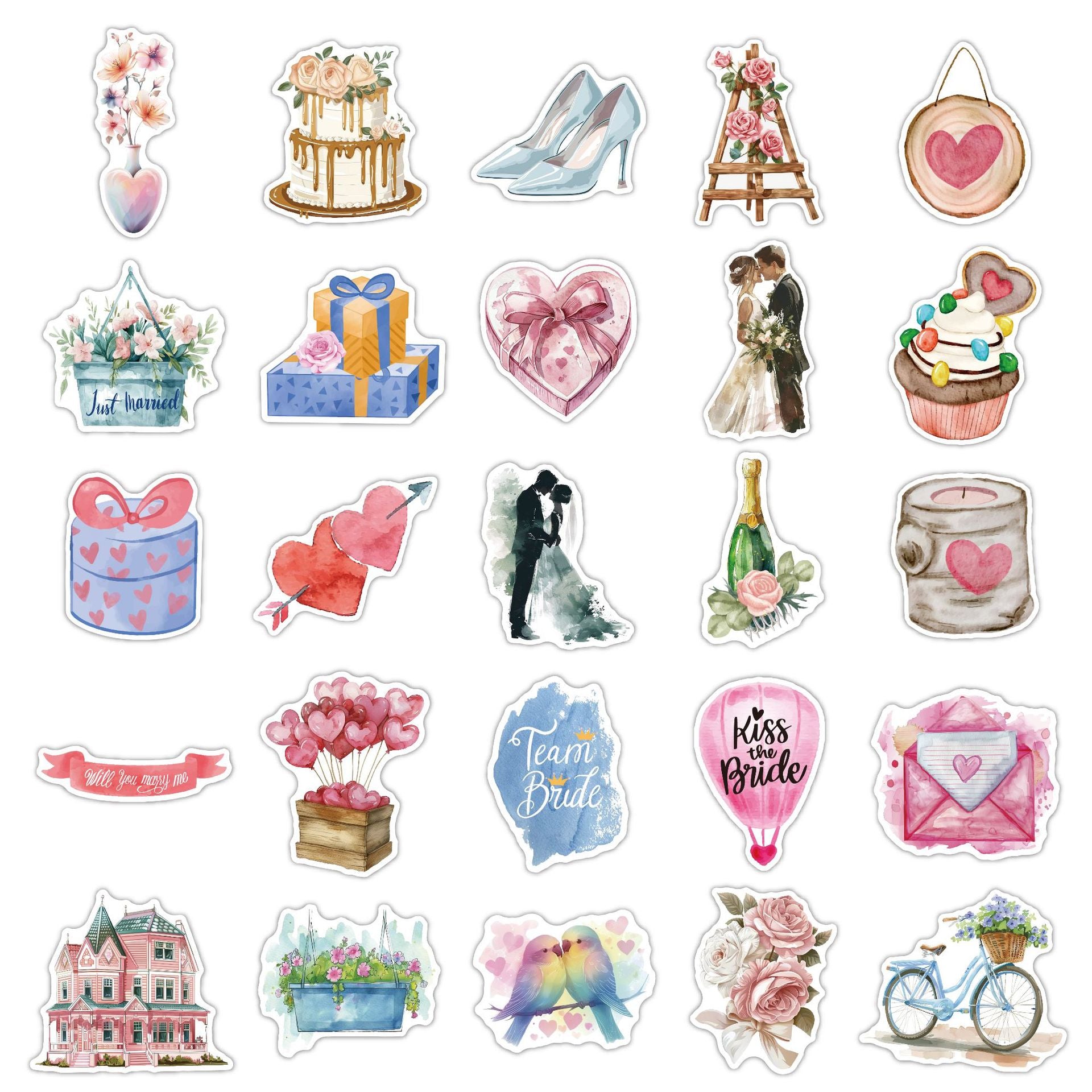 50-Piece/Set Watercolor-Style Wedding Stickers Kit, Gloss-Laminated Waterproof DIY Stickers for Wedding Celebrations and Parties