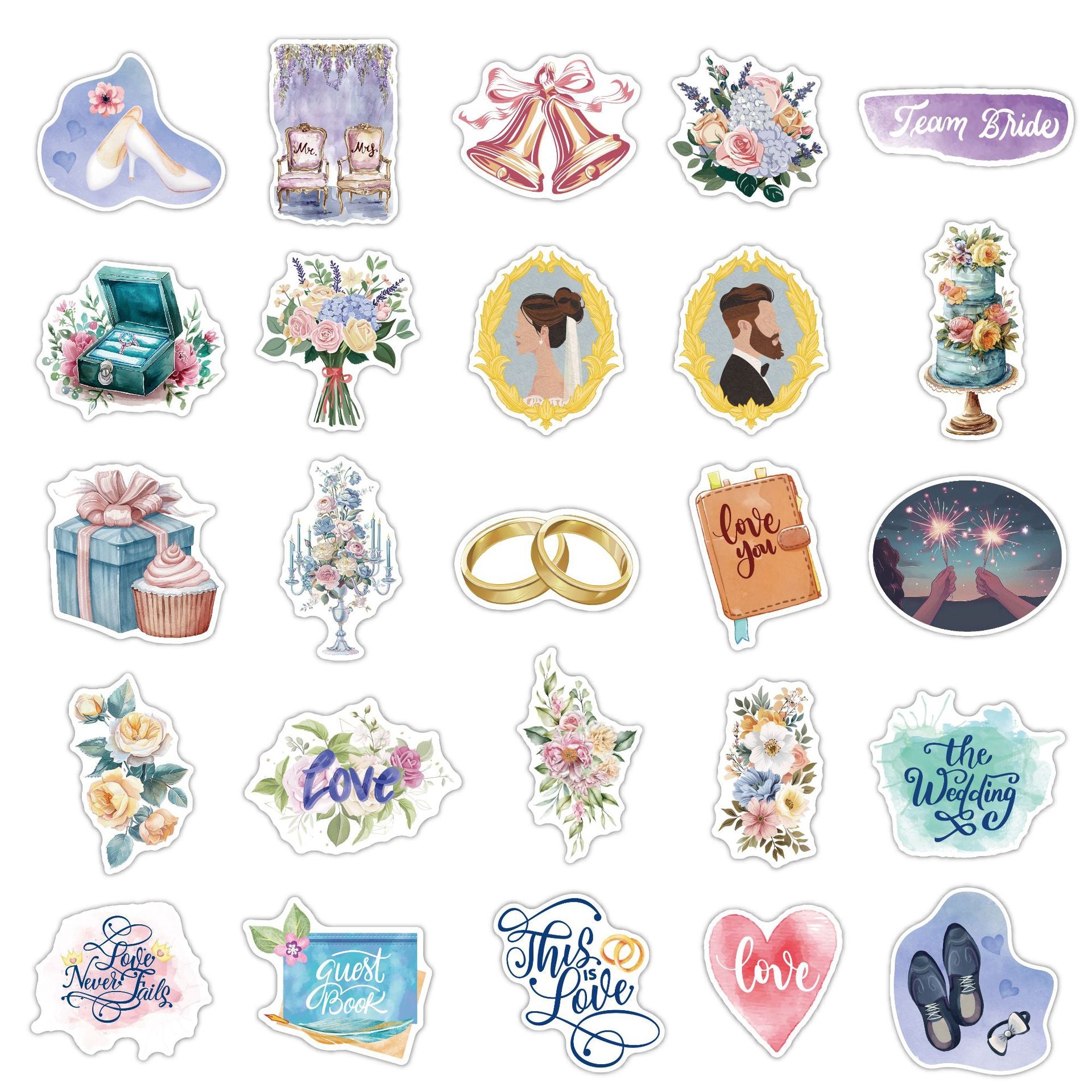 50-Piece/Set Watercolor-Style Wedding Stickers Kit, Gloss-Laminated Waterproof DIY Stickers for Wedding Celebrations and Parties
