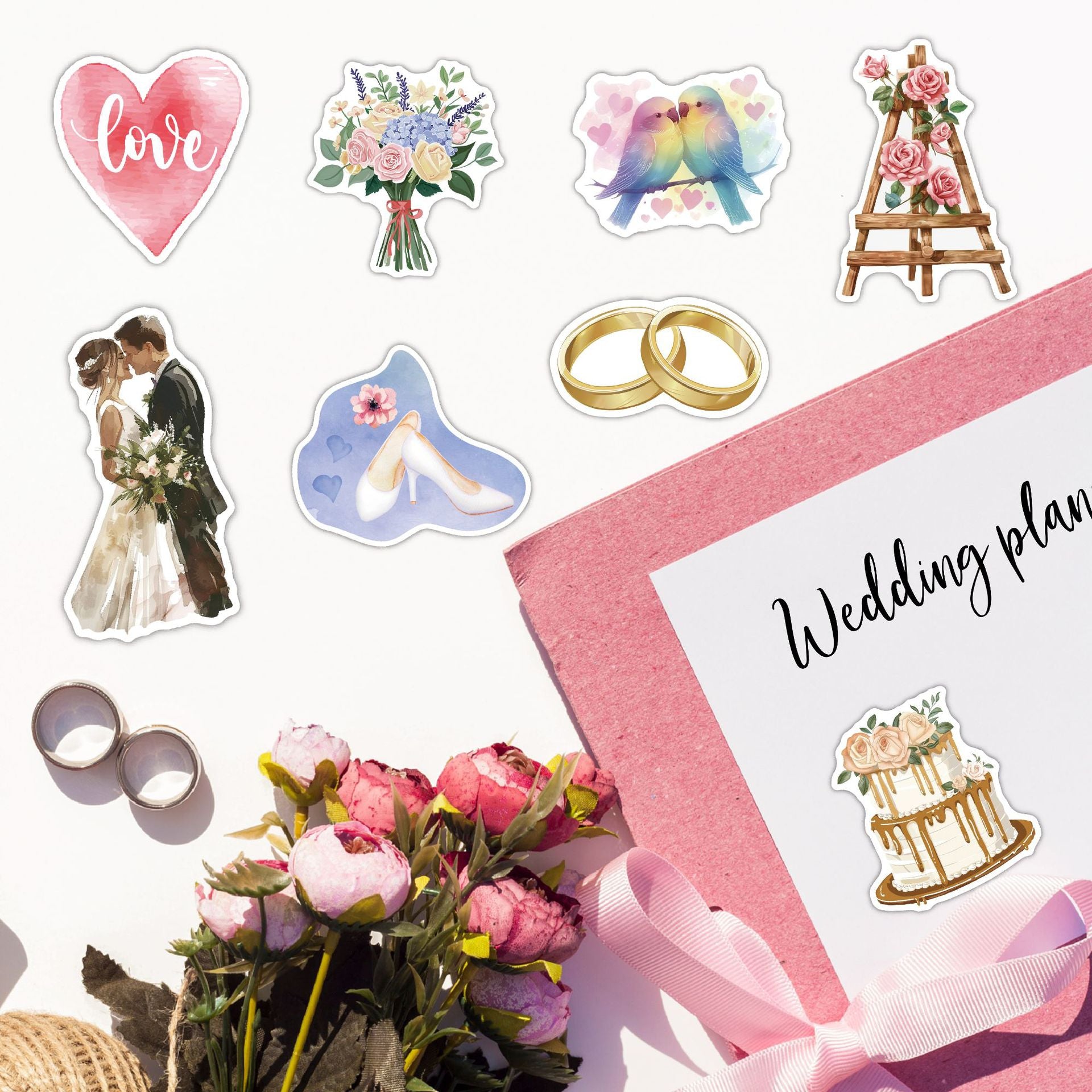 50-Piece/Set Watercolor-Style Wedding Stickers Kit, Gloss-Laminated Waterproof DIY Stickers for Wedding Celebrations and Parties