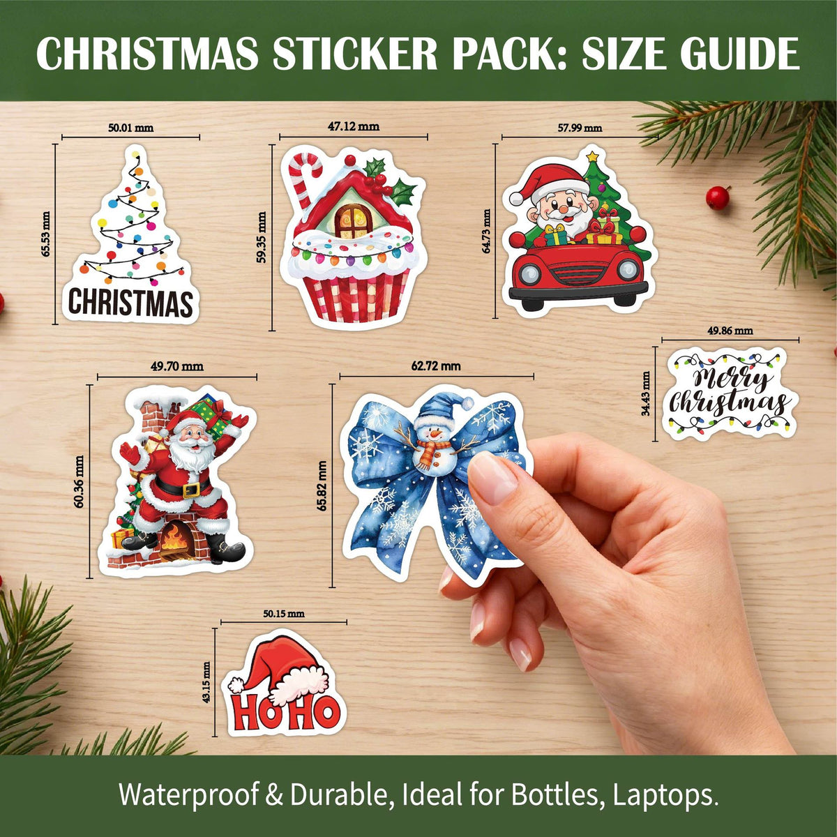 50 Pcs Cute Christmas Stickers - Waterproof Vinyl