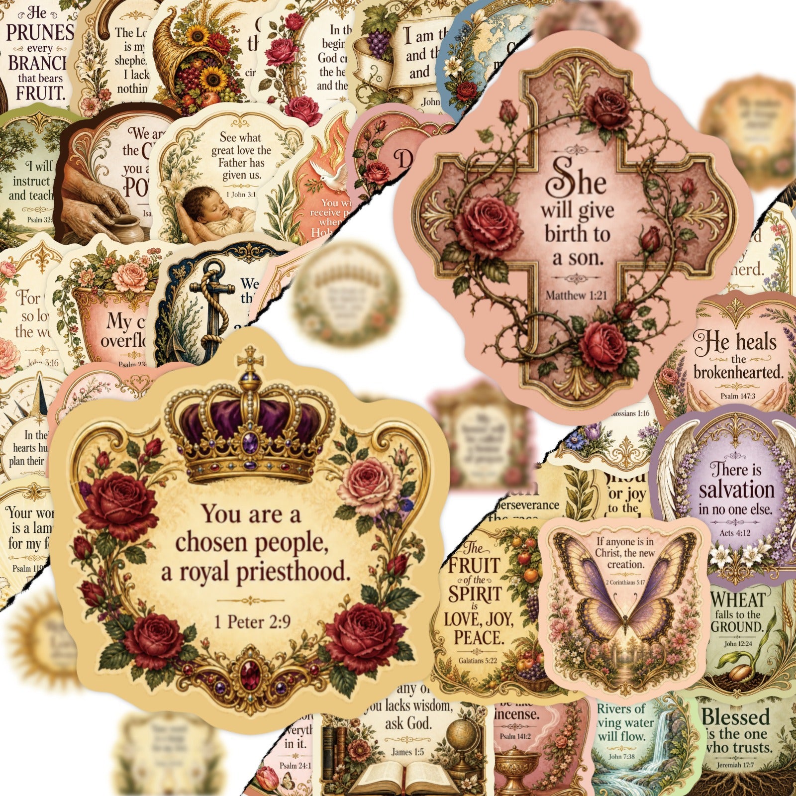 50PCS/bag Vintage Bible Verse Stickers, Waterproof Laminated Inspirational Christian Decals