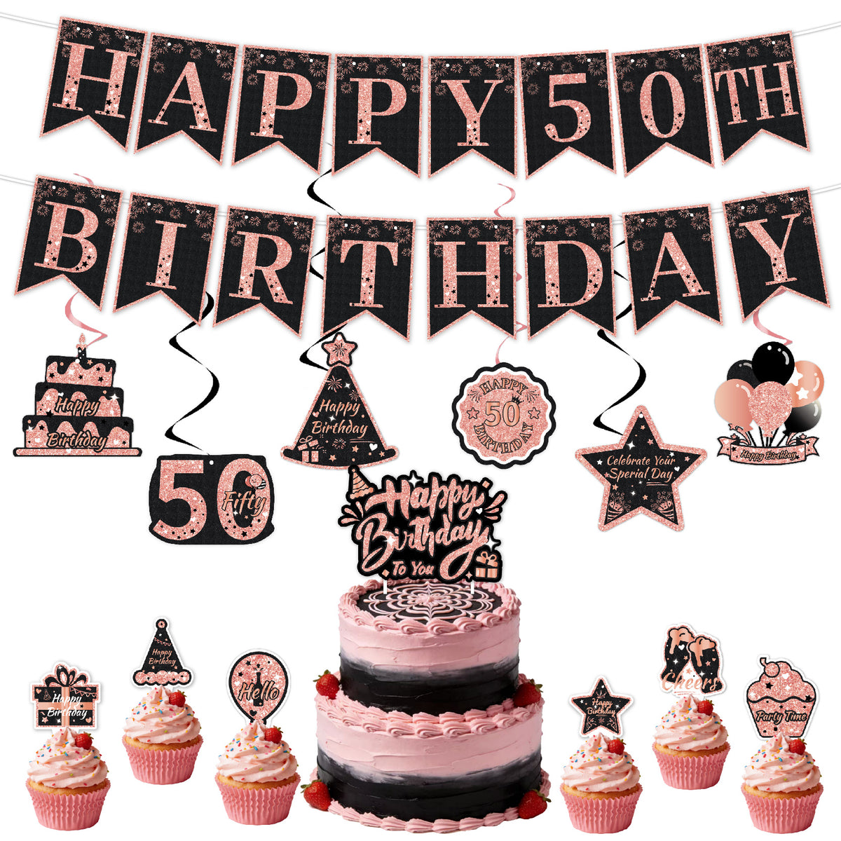 Black & Pink Happy Birthday Decorations Set for Girls/ Women/ Men, 18th-80th Birthday Banner, Cake Topper, Cupcake Toppers & Hanging Swirls, 29PCS Birthday Party Supplies