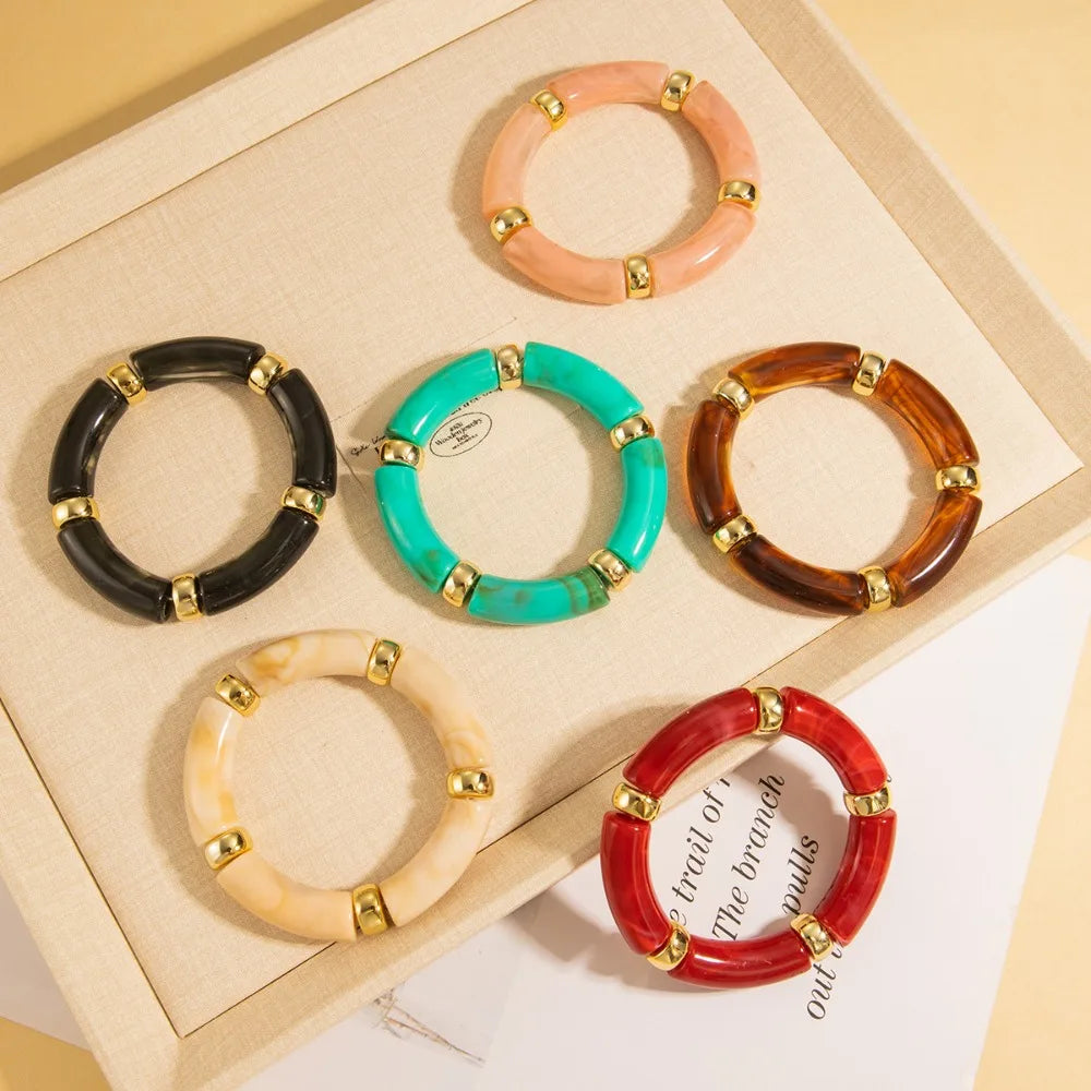 Personality Retro Multicolour Acrylic Bend Bangle for Women Charm Curved Bamboo Pipe Stone Grain Bracelet Jewelry Accessory Gift