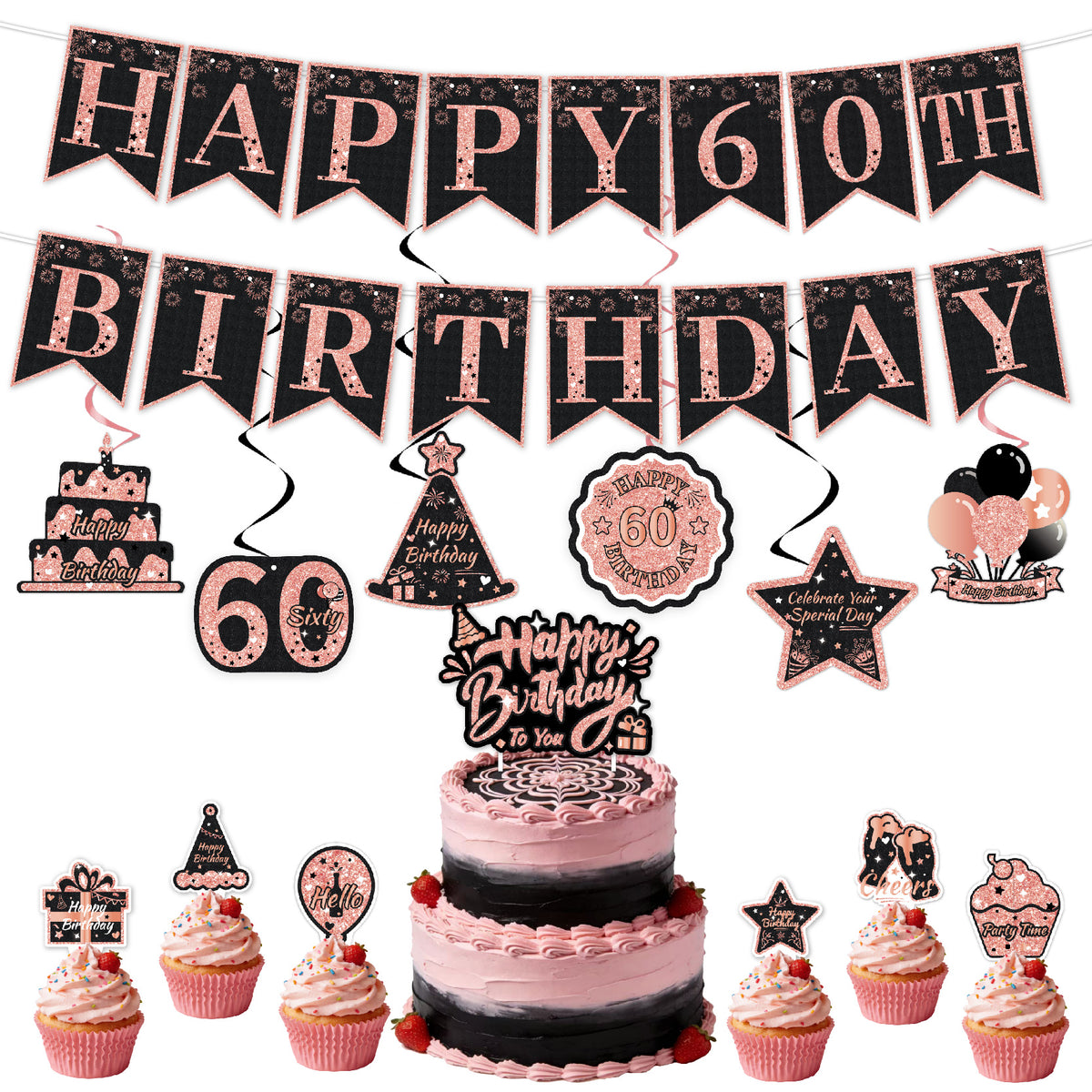 Black & Pink Happy Birthday Decorations Set for Girls/ Women/ Men, 18th-80th Birthday Banner, Cake Topper, Cupcake Toppers & Hanging Swirls, 29PCS Birthday Party Supplies