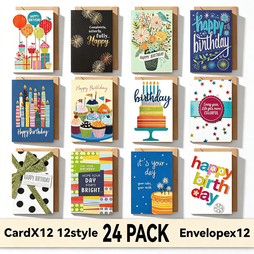Assorted Birthday Greeting Cards with Envelopes – 6/10/12/20/24 Pack Colorful Birthday Card Set