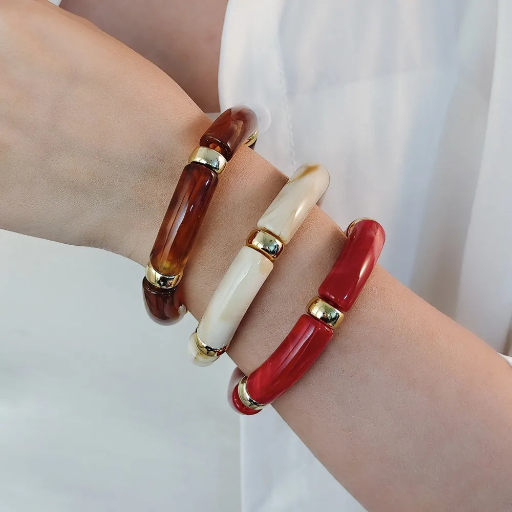 Personality Retro Multicolour Acrylic Bend Bangle for Women Charm Curved Bamboo Pipe Stone Grain Bracelet Jewelry Accessory Gift