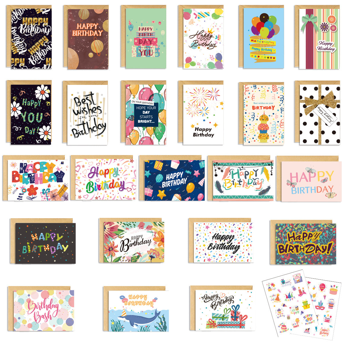 Assorted Birthday Greeting Cards with Envelopes – 6/10/12/20/24 Pack Colorful Birthday Card Set