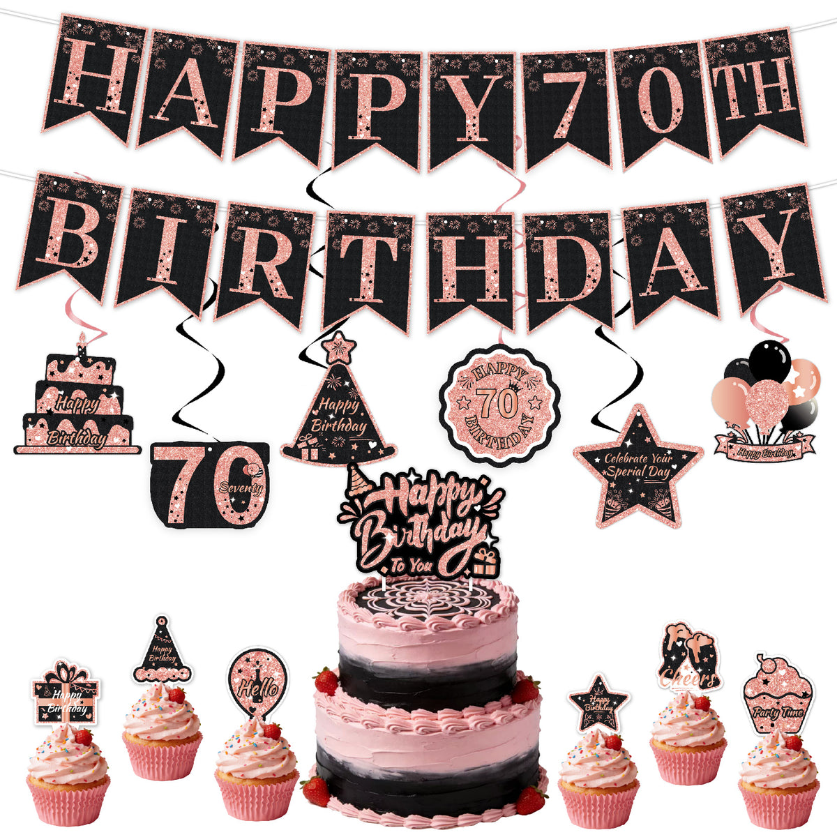 Black & Pink Happy Birthday Decorations Set for Girls/ Women/ Men, 18th-80th Birthday Banner, Cake Topper, Cupcake Toppers & Hanging Swirls, 29PCS Birthday Party Supplies