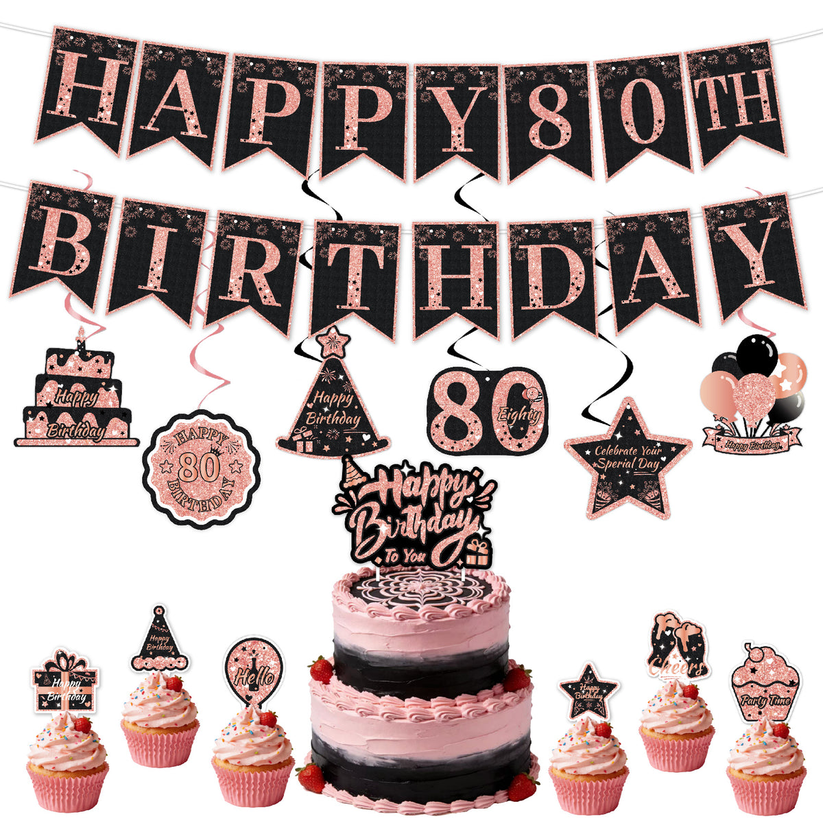 Black & Pink Happy Birthday Decorations Set for Girls/ Women/ Men, 18th-80th Birthday Banner, Cake Topper, Cupcake Toppers & Hanging Swirls, 29PCS Birthday Party Supplies