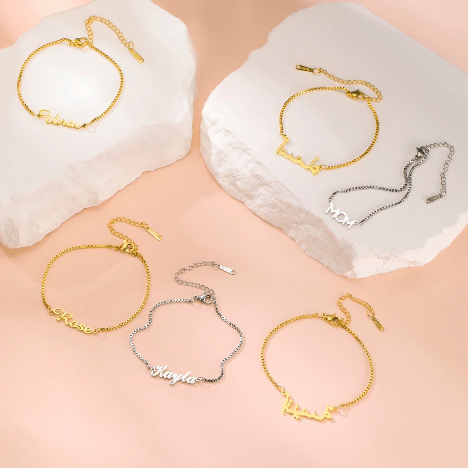 Women Girls Personalized Name Bracelet Stainless Steel Box Chain Letter Customized Charm Bracelets Unique Custom Jewelry Gift