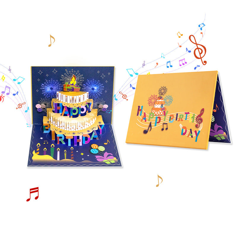 90° 3D Pop Up Musical Happy Birthday Card with Light & Song, Musical Staff Cake Design