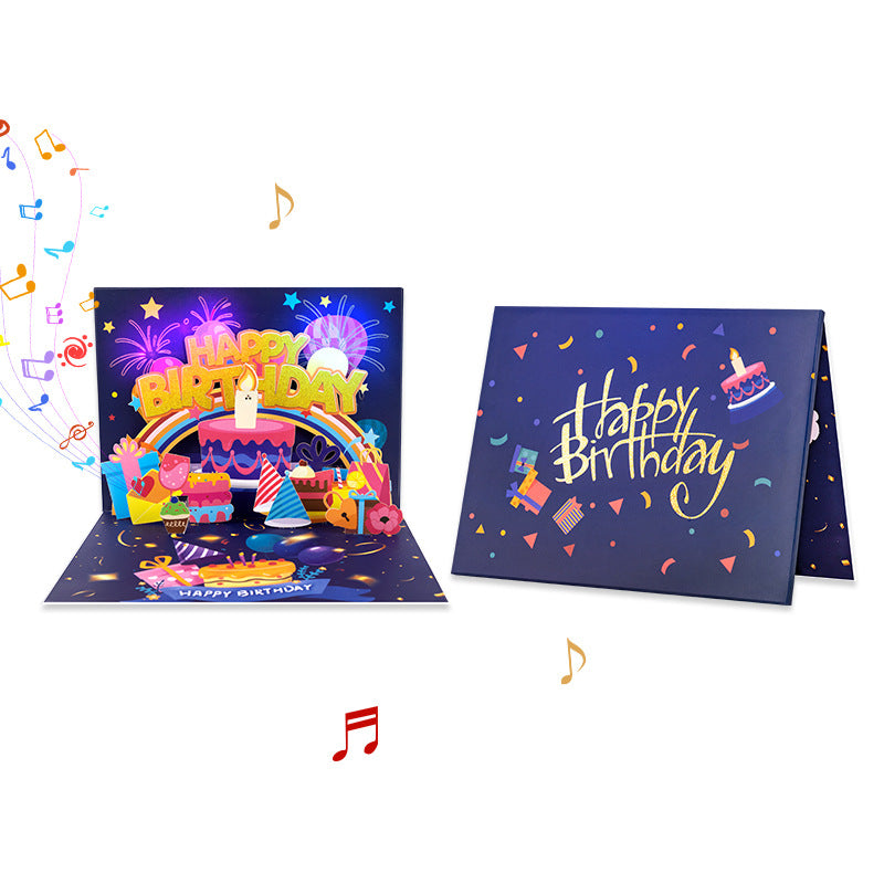 90° 3D Pop Up Musical Happy Birthday Card with Light & Song, Musical Staff Cake Design